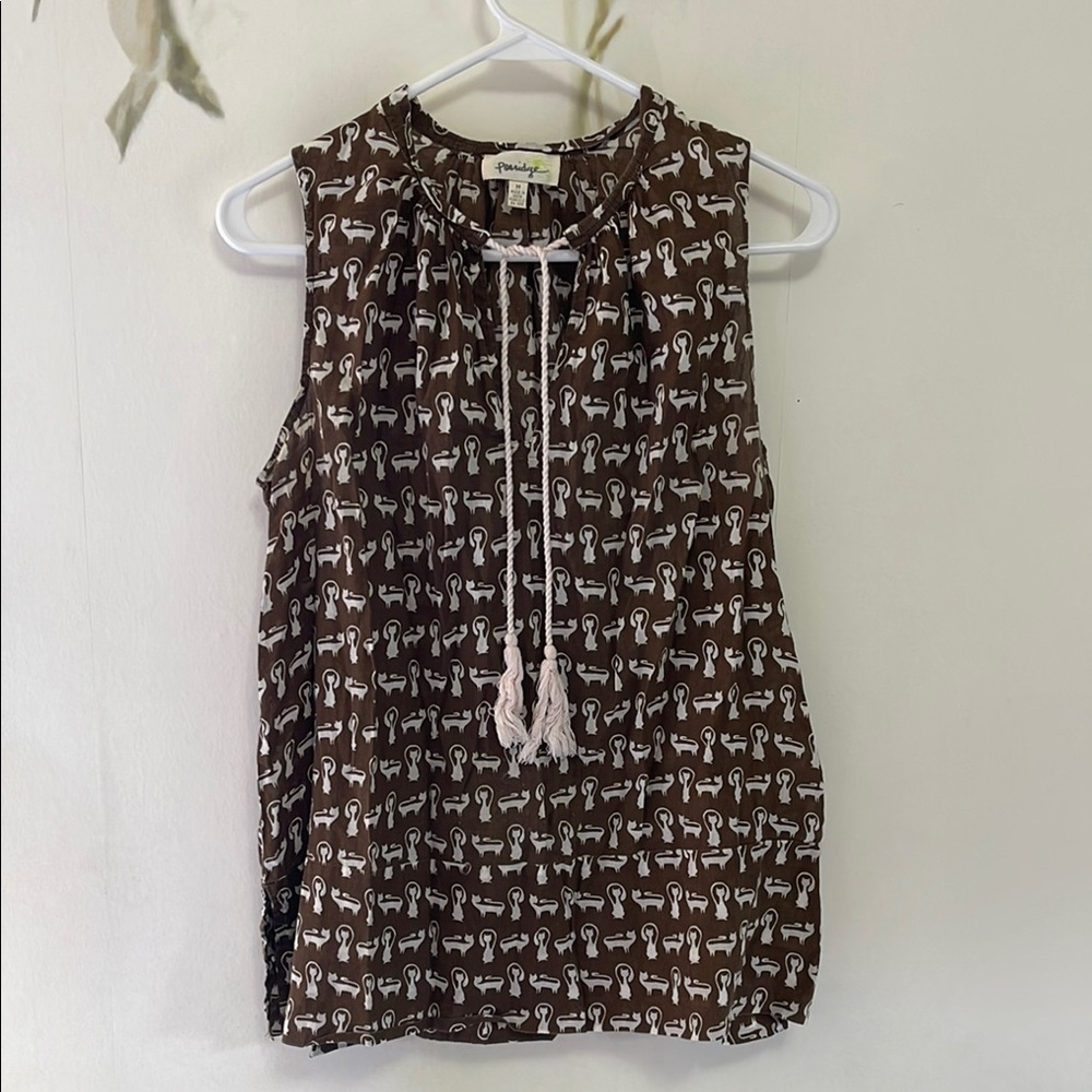 Porridge Anthropologie Brown and White Sleeveless Tie Front Blouse